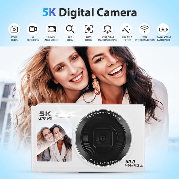 Dual Screen 5K Digital Camera for Vlogging, 80MP, 16X Zoom, WiFi, YouTube/Blogging
