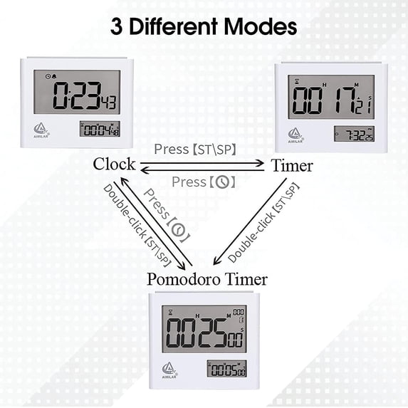 Dual Screen Pomodoro Timer Clock Digital Countdown Kitchen Interval Timer