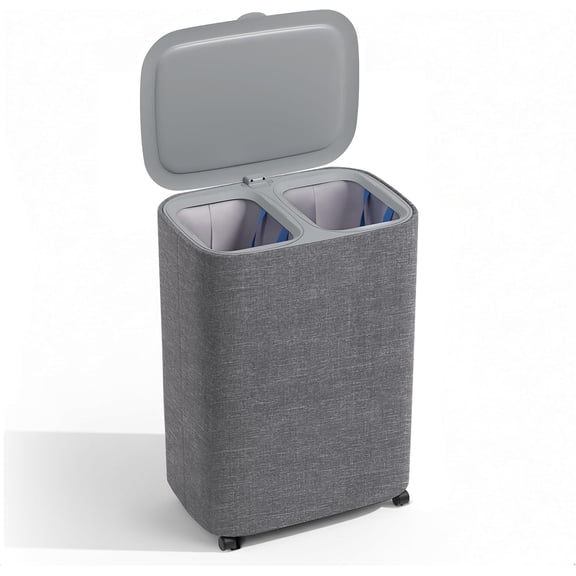 Dual Section 90L Laundry Basket with Wheels and Lid  Tall divided Double Laundry Hamper with 2 Removable Washable Bags, Large Laundry Sorter for Easy Clothes Separation