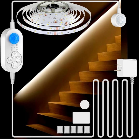 Dual Sensor Stair Lights, Motion Activated Plug-In LED Strip, Dimmable Step Light for Indoor Stairway, 3.28ft, White, Power Adapter (16.4FT Cable) / WARM WHITE 3000K (32.8FT Light Strip)