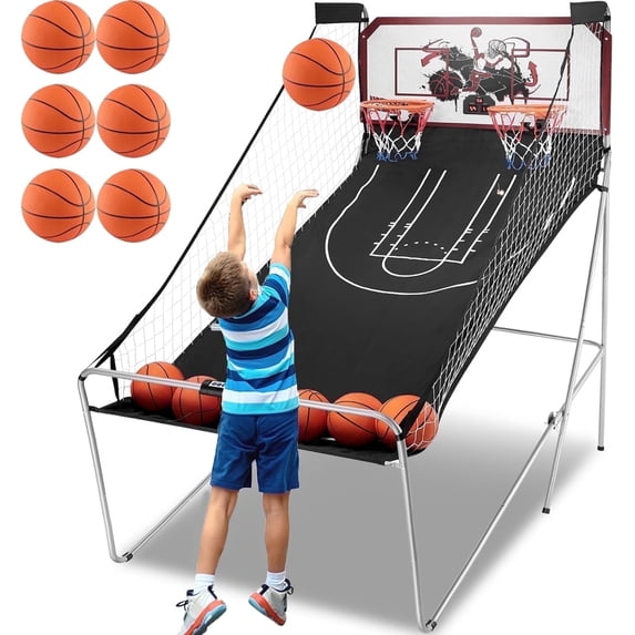 Dual Shot Basketball Arcade Game, Segmart 81"x44" Foldable Indoor Electronic Arcade Basketball Game with 6 Balls, 8 Modes, LED Scoreboard, Air Pump, Battery Powered for Adults, Black