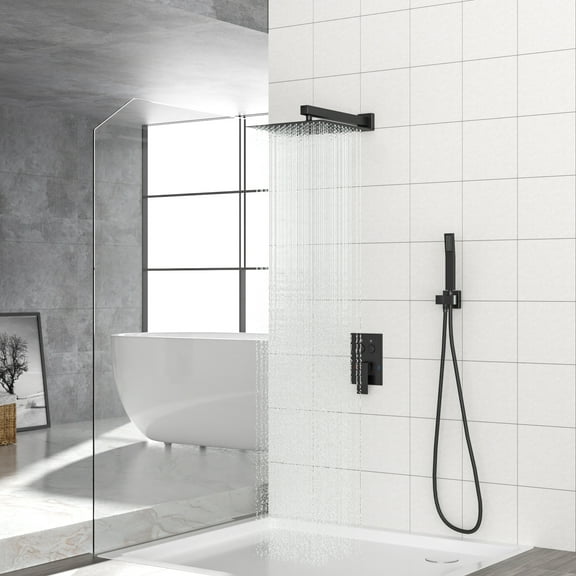 Dual Shower Head - 12 Inch Wall Mounted Square Shower System with Rough-in Valve, Matte black