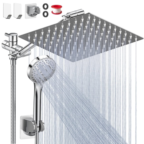 Cshidworld Dual Shower Head Combo, 12" High Pressure Rain Shower Head with 11" Adjustable Extension Arm, 5 Settings Handheld Shower Head with 59" Hose & Holder, Silver Chrome