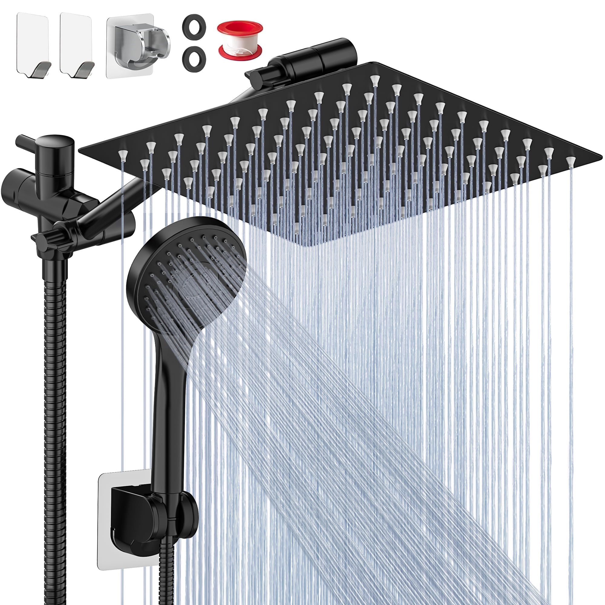 PinWin 12 Inch High Pressure Shower Head Combo With 5-Setting Handheld & 11 Inch Adjustable Extension Arm - Long Hose