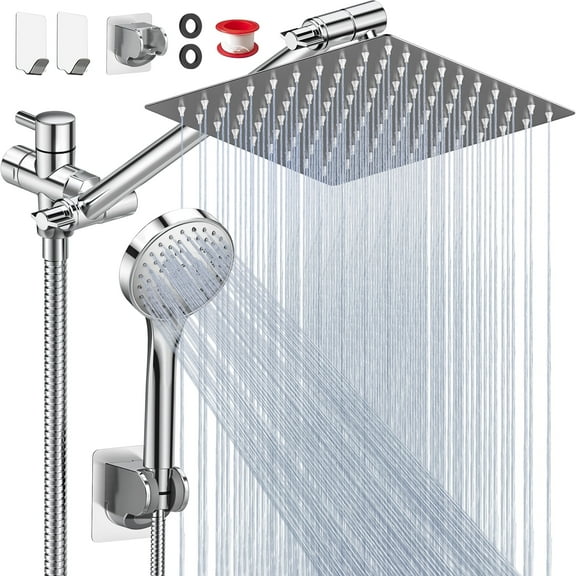 Cshidworld Dual Shower Head Combo, 8" High Pressure Rain Shower Head with 11" Adjustable Extension Arm, 5 Settings Handheld Shower Head with 59" Hose & Holder, Silver Chrome