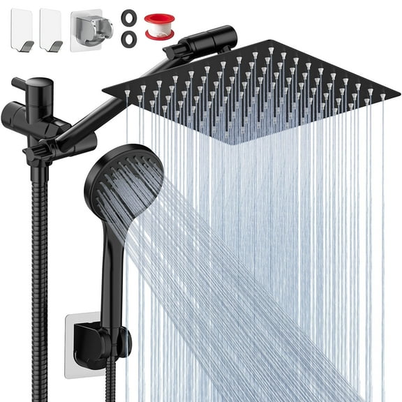 Cshidworld Dual Shower Head Combo, 8" High Pressure Rain Shower Head with 11" Adjustable Extension Arm, 5 Settings Handheld Shower Head with 59" Hose & Holder, Rainfall Shower Head Bathroom, Black