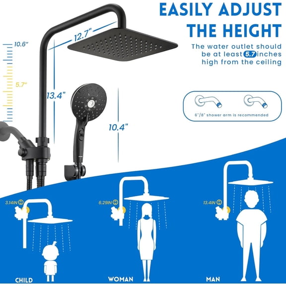 Dual Shower Head Combo, 8'' High Pressure Rain Shower Head with Handheld Spray, 6 Settings Handheld Showerhead, 15" Height Adjustable Slide Bar, Angle Adjustable, Matte Black