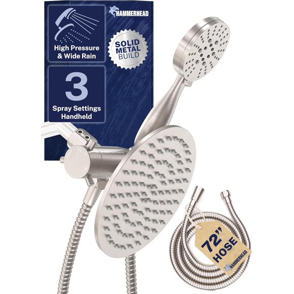 Dual Shower Head Combo, 8-Inch Rainfall & 3-Flow Handheld, Brushed Nickel, 2.5 GPM
