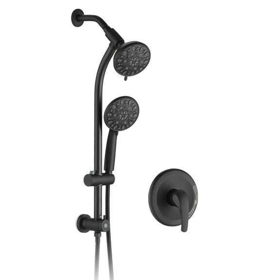 Dual Shower Head System with 26" Drill-Free Stainless Steel Slide Bar, 7-Setting ABS Rainfall Showerhead and Handheld Sprayer, Matte Black Wall Mounted Spa Set with Rough-in Valve