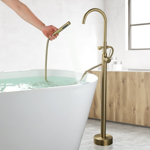 Dual Shower Heads Floor-Mounted bathtub faucet Claw design with 59in Handheld Shower,Using Pressure-Balanced Control&Stainless steel,3 Holes Standing Tub Filler for Bathroom Sink-Golden Brushed