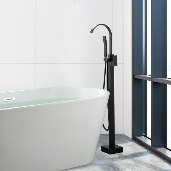 Dual Shower Heads Floor-Mounted bathtub faucet Claw design with 59in hose Handheld Shower, Using Pressure-Balanced Control, Hand Shower Mixer for Bathroom Sink, 3 Holes Standing Tub Filler-Matte Black