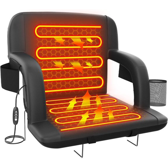 Dual-Side Heated Stadium Seats with  Support, Wide Portable Stadium Chair, Foldable Bleacher Chair W/USB 3-Level Heating, 5 Storage Pockets for Outdoor Bleachers Camping