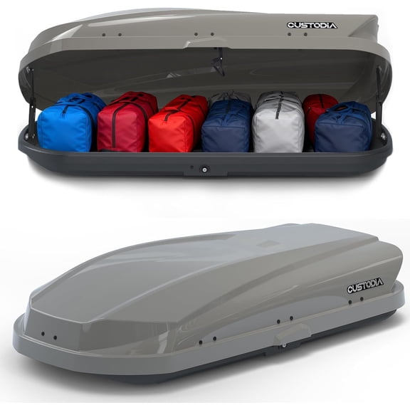 Dual-Side Opening 14 Cubic Feet Storage, Durable ABS and PMMA Material, Gray Roof Box with Security Keys, Tool-Free Installation, Double-Sided Opening, 63" L x 33" W x 14" H