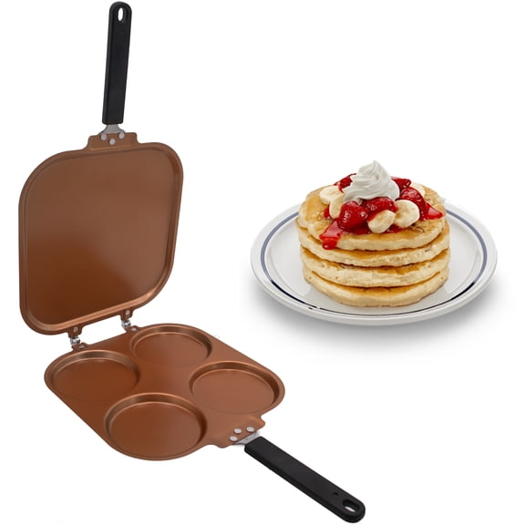 Dual-Sided 4-Mold Flip Pancake Pan Easy Flip Dual-Sided Cooking with Copper Nonstick Aluminum, Reinforced Hinges Fold Flat for RVs and Apartments