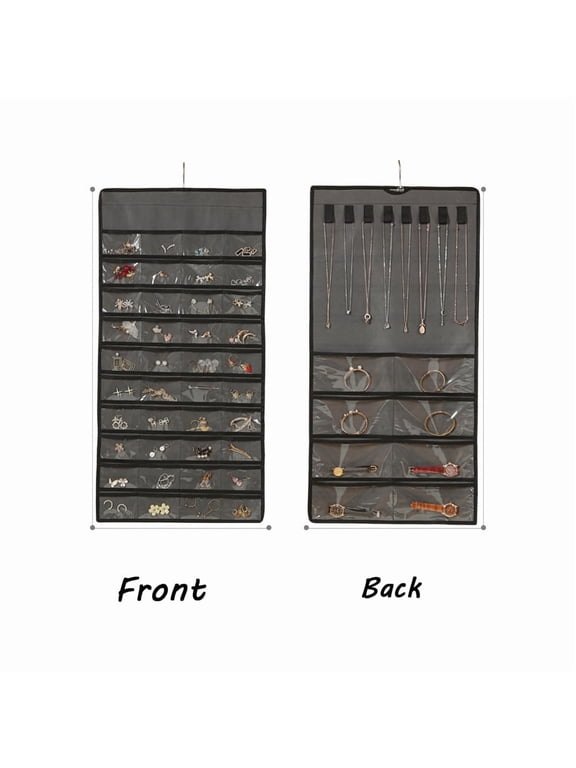 Dual-Sided 80-Pocket Hanging Jewelry Organizer | Gray Storage Holder for Earrings, Rings, Necklaces | Closet Door Display for Small Accessories