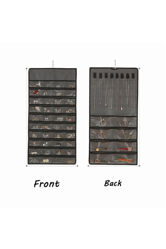 Dual-Sided 80-Pocket Hanging Jewelry Organizer | Gray Storage Holder for Earrings, Rings, Necklaces | Closet Door Display for Small Accessories