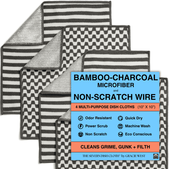 Dish Cloths for Washing Dishes 4pk | No-Smell Dish Rags with Non-Scratch Wire Scrubber Side for Kitchen Cleaning | Grime-Fighting Bamboo-Charcoal Microfiber 2-Sided Dishrags by Gracie West