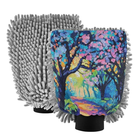 Dual-Sided Car Wash Gloves Car Washing Mitts with Elastic Cuffs A Vibrant Painting Of Trees