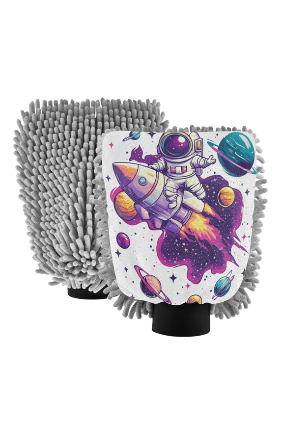 Dual-Sided Car Wash Gloves Car Washing Mitts with Elastic Cuffs Astronauts in Rockets