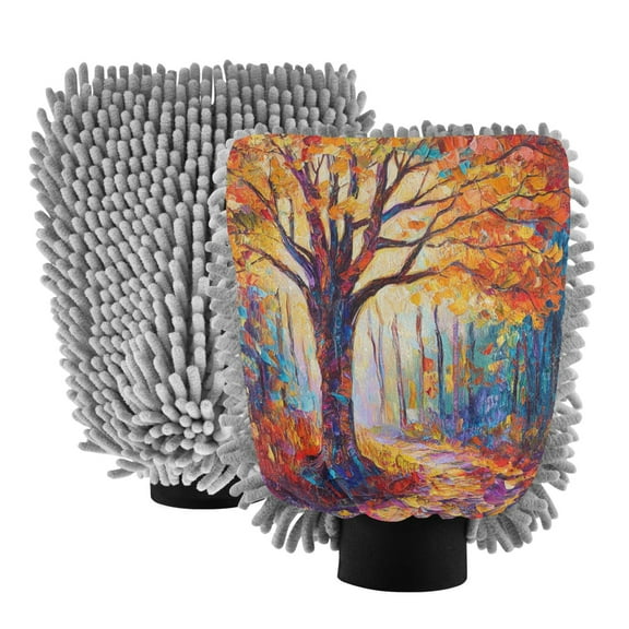 Dual-Sided Car Wash Gloves Car Washing Mitts with Elastic Cuffs Autumn Forest Oil Painting