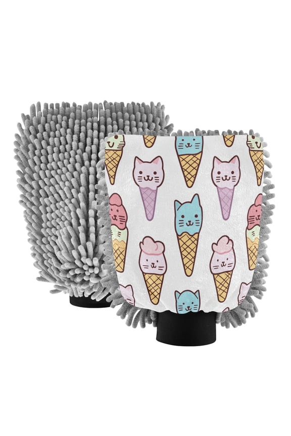 Dual-Sided Car Wash Gloves Car Washing Mitts with Elastic Cuffs Cat Face Ice Cream