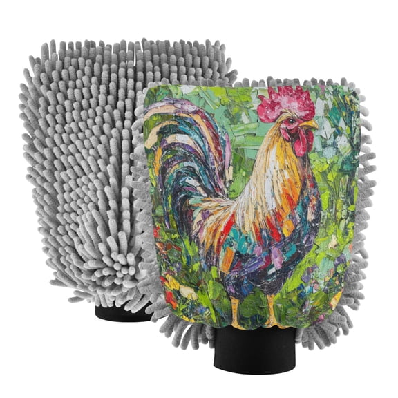 Dual-Sided Car Wash Gloves Car Washing Mitts with Elastic Cuffs Chickens Painted in Oil