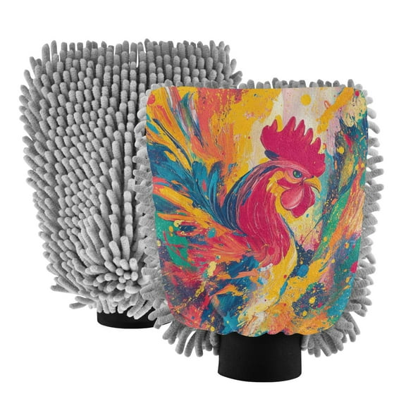 Dual-Sided Car Wash Gloves Car Washing Mitts with Elastic Cuffs Colorful Painting Of A Rooster