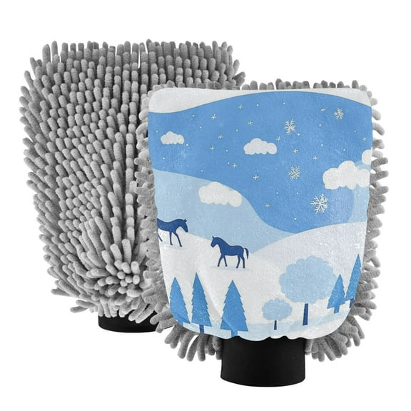 Dual-Sided Car Wash Gloves Car Washing Mitts with Elastic Cuffs Cute Cartoon Winter Landscape
