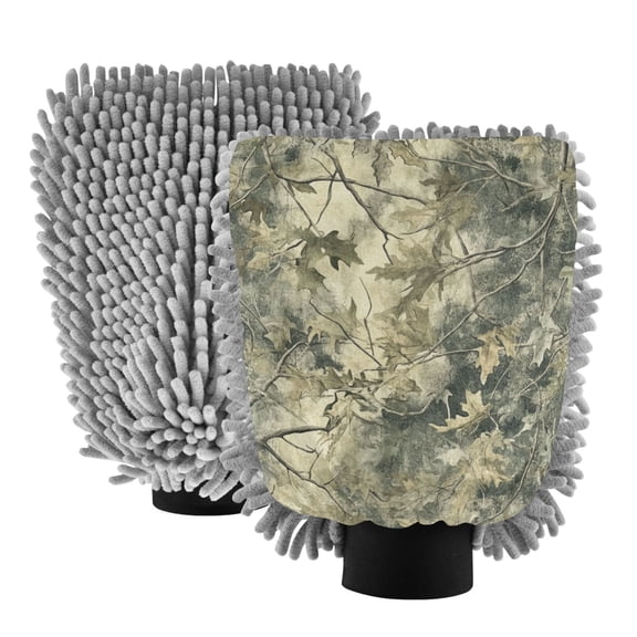 Dual-Sided Car Wash Gloves Car Washing Mitts with Elastic Cuffs Green Camouflage Pattern