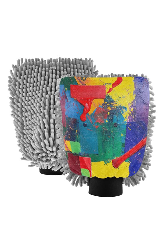 Dual-Sided Car Wash Gloves Car Washing Mitts with Elastic Cuffs Green and Purple Features Splashes