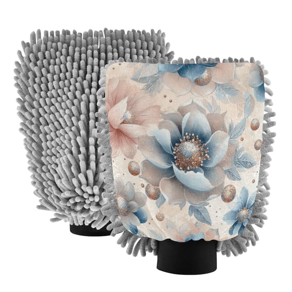 Dual-Sided Car Wash Gloves Car Washing Mitts with Elastic Cuffs Large Glitter Flowers