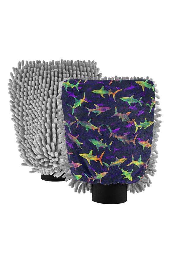 Dual-Sided Car Wash Gloves Car Washing Mitts with Elastic Cuffs Neon Colors Sharks