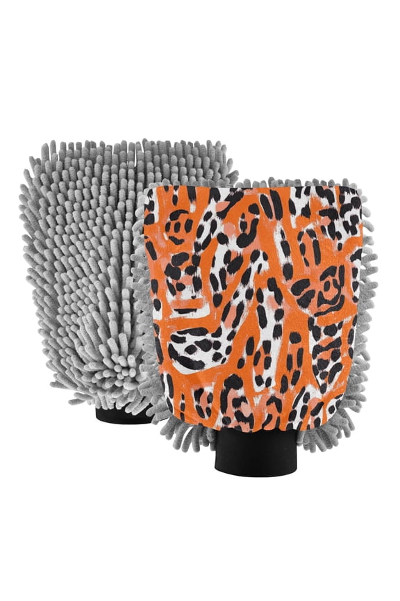 Dual-Sided Car Wash Gloves Car Washing Mitts with Elastic Cuffs Orange Leopard Print