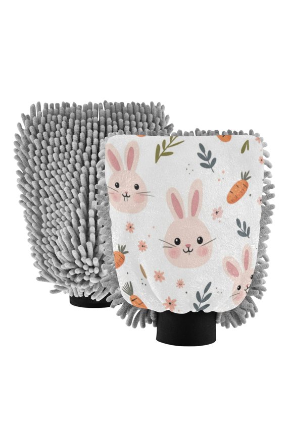 Dual-Sided Car Wash Gloves Car Washing Mitts with Elastic Cuffs Rabbit Face and Carrots