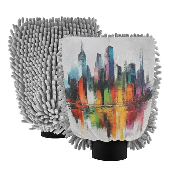 Dual-Sided Car Wash Gloves Car Washing Mitts with Elastic Cuffs Vibrant Colors Cityscape Painting