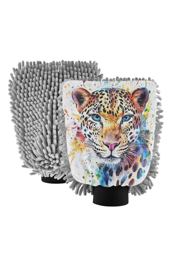 Dual-Sided Car Wash Gloves Car Washing Mitts with Elastic Cuffs Watercolor Leopard Face