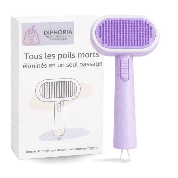 DIPHORIA Dual-Sided Cat Grooming Brush with Self-Cleaning Hair Remover, Deshedding & Furniture Hair Cleaner-Purple