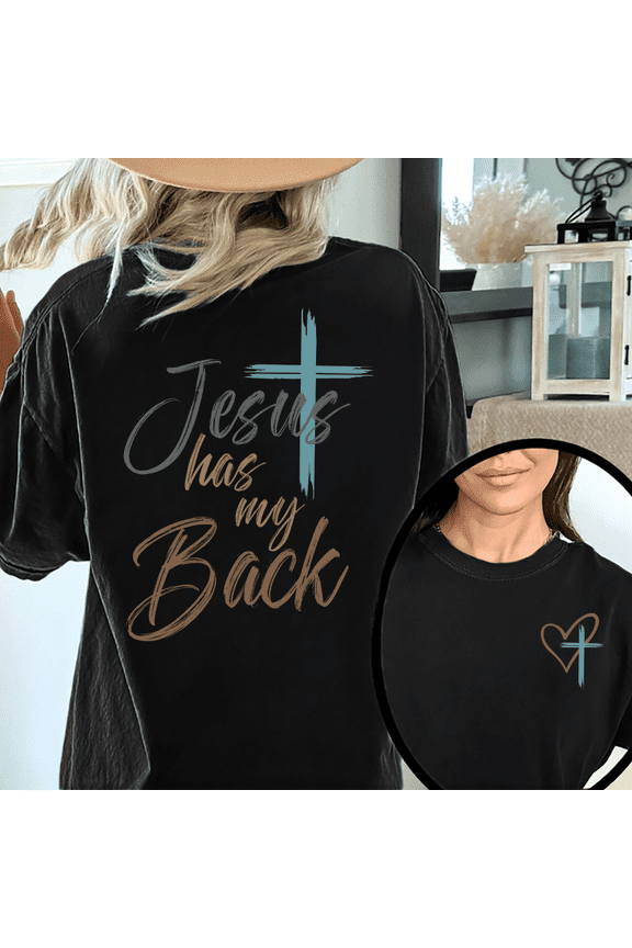 Dual-Sided Christian Tee, 'Jesus Has My Back' with Graffiti Cross & Gradient Font Pattern, Heart & Cross Front, Women's Graphic Short Sleeve Tops