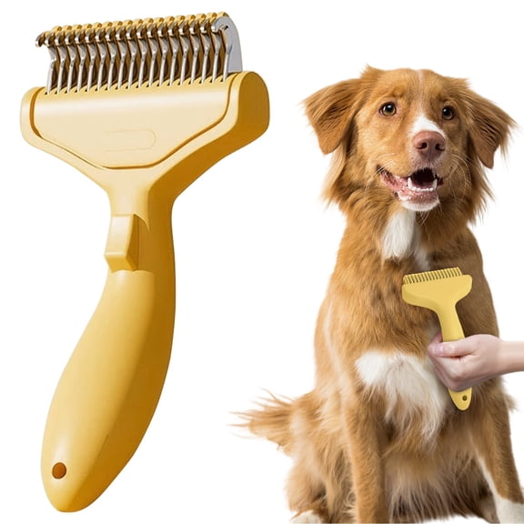 Dual-Sided Dematting Comb & Undercoat Rake, Long Hair Grooming Brush for Dogs & Cats, Deshedding Tool Removes Tangles, Knots & Loose Fur, Yellow
