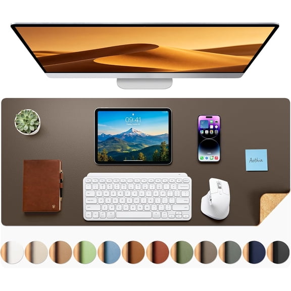 Dual-Sided Desk Pad - Leather Desk Mat, Natural Cork Desk Pad Protector, Large Mouse Pad for Desk, Waterproof Desk Blotter Pad, Desk Writing Pad for Office Work/Home, Coffee (35.4" x 15.7")