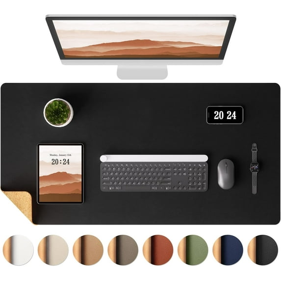 Dual-Sided Desk Pad, Leather Desk Mat, Natural Cork Desk Pad Protector, Large Mouse Pad for Desk, Waterproof Desk Blotter Pad, Desk Writing Pad for Office Work/Home (23.6"x11.8")