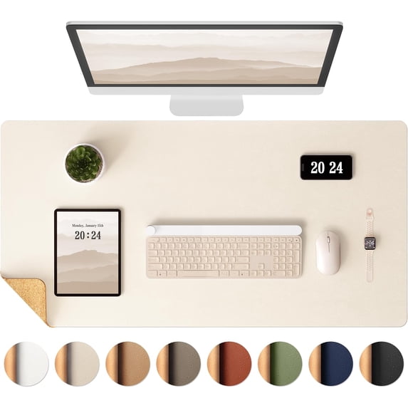 Dual-Sided Desk Pad, Leather Desk Mat, Natural Cork Desk Pad Protector, Large Mouse Pad for Desk, Waterproof Desk Blotter Pad, Desk Writing Pad for Office Work/Home (23.6"x11.8")