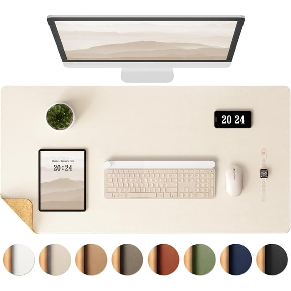 Dual-Sided Desk Pad, Leather Desk Mat, Natural Cork Desk Pad Protector, Large Mouse Pad for Desk, Waterproof Desk Blotter Pad, Desk Writing Pad for Office Work/Home (23.6"x11.8")