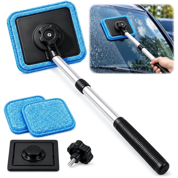 Dual‑Sided Magnetic Windshield Cleaner, Extendable Handle Auto Glass Cleaning Kit with Washable Reusable Microfiber Pads for Streak‑Free Cleaning on Cars, SUVs, Trucks, RVs & Household Glass