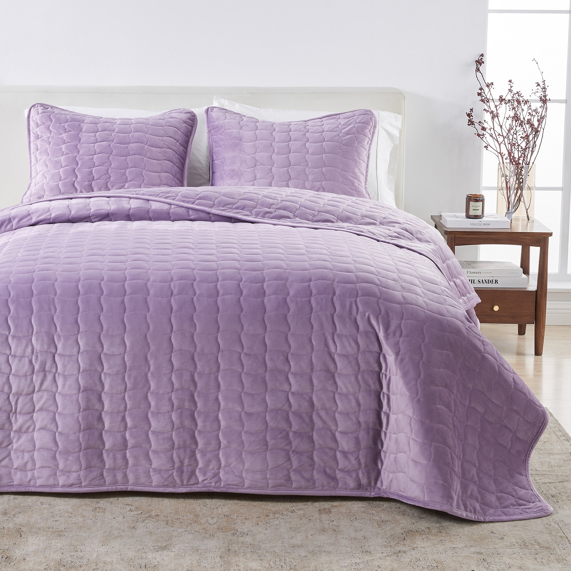 Dual-Sided Velvet Box-Stitched Heavyweight 2-Piece Twin Quilt Set, Lavender