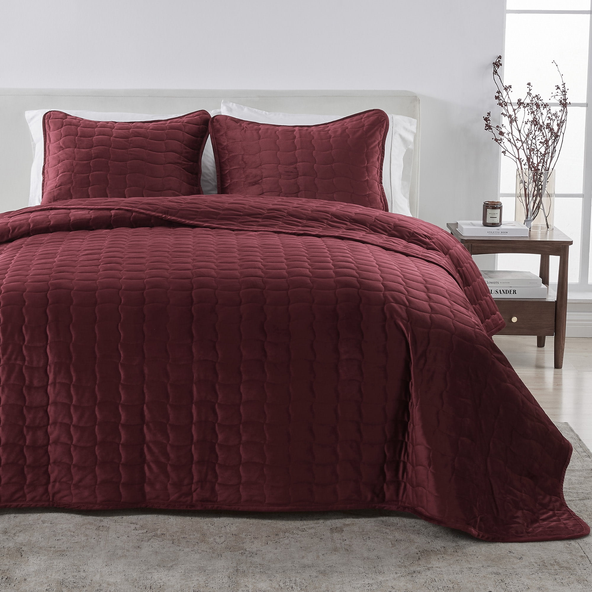 Dual-Sided Velvet Box-Stitched Heavyweight 2-Piece Twin Quilt Set, Merlot