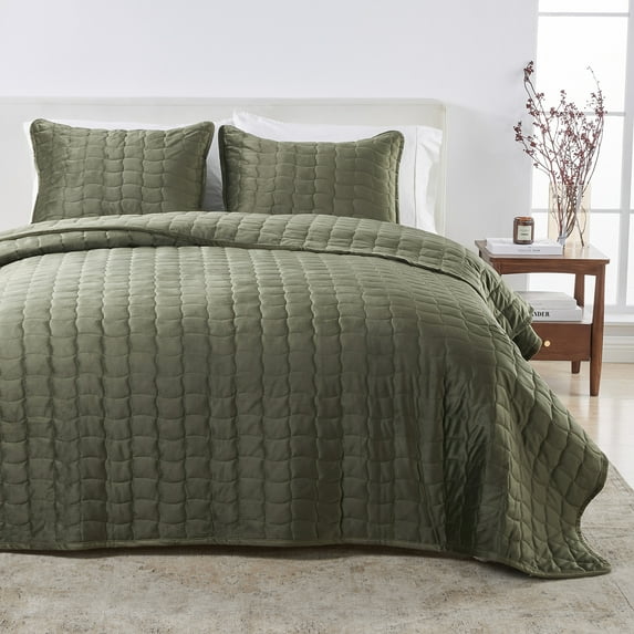 Dual-Sided Velvet Box-Stitched Heavyweight 3-Piece Full / Queen Quilt Set, Loden