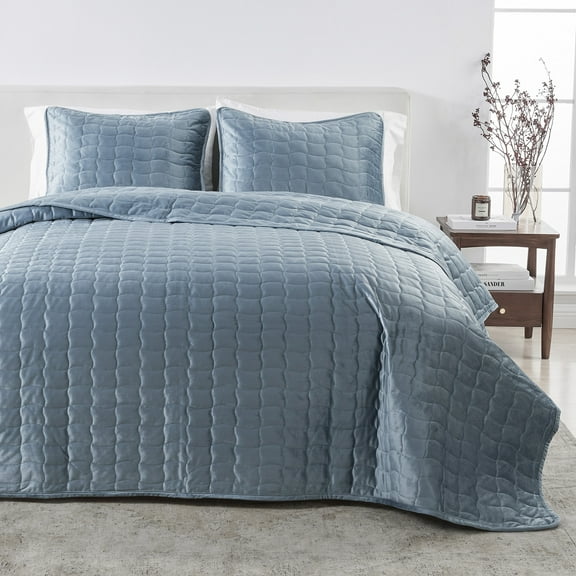 Dual-Sided Velvet Box-Stitched Heavyweight 3-Piece Full / Queen Quilt Set, Steel Blue