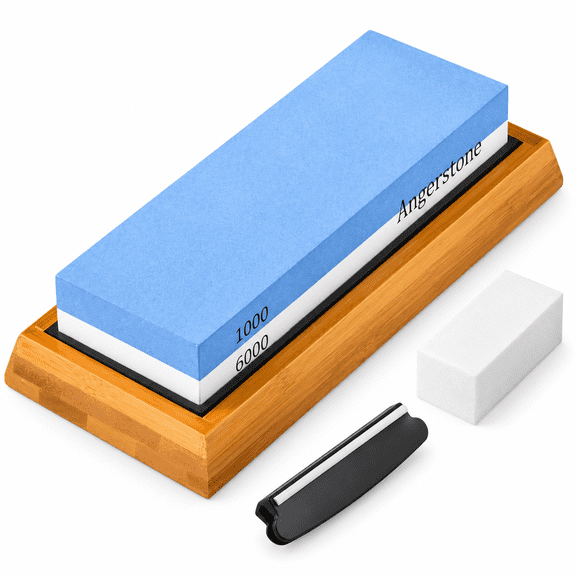 1000/6000 Grit Whetstone Knife Sharpening Kit with Bamboo Base, Angle Guide and Flattening Stone