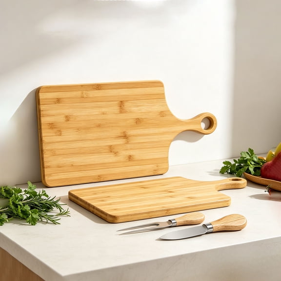 Dual Size Bamboo Paddle Serving Board Kit, Light Bamboo Cheese Charcuterie Trays with Wooden Handled Stainless Steel Cheese Spreader & Fork, Multipurpose Kitchen Prep & Display Boards